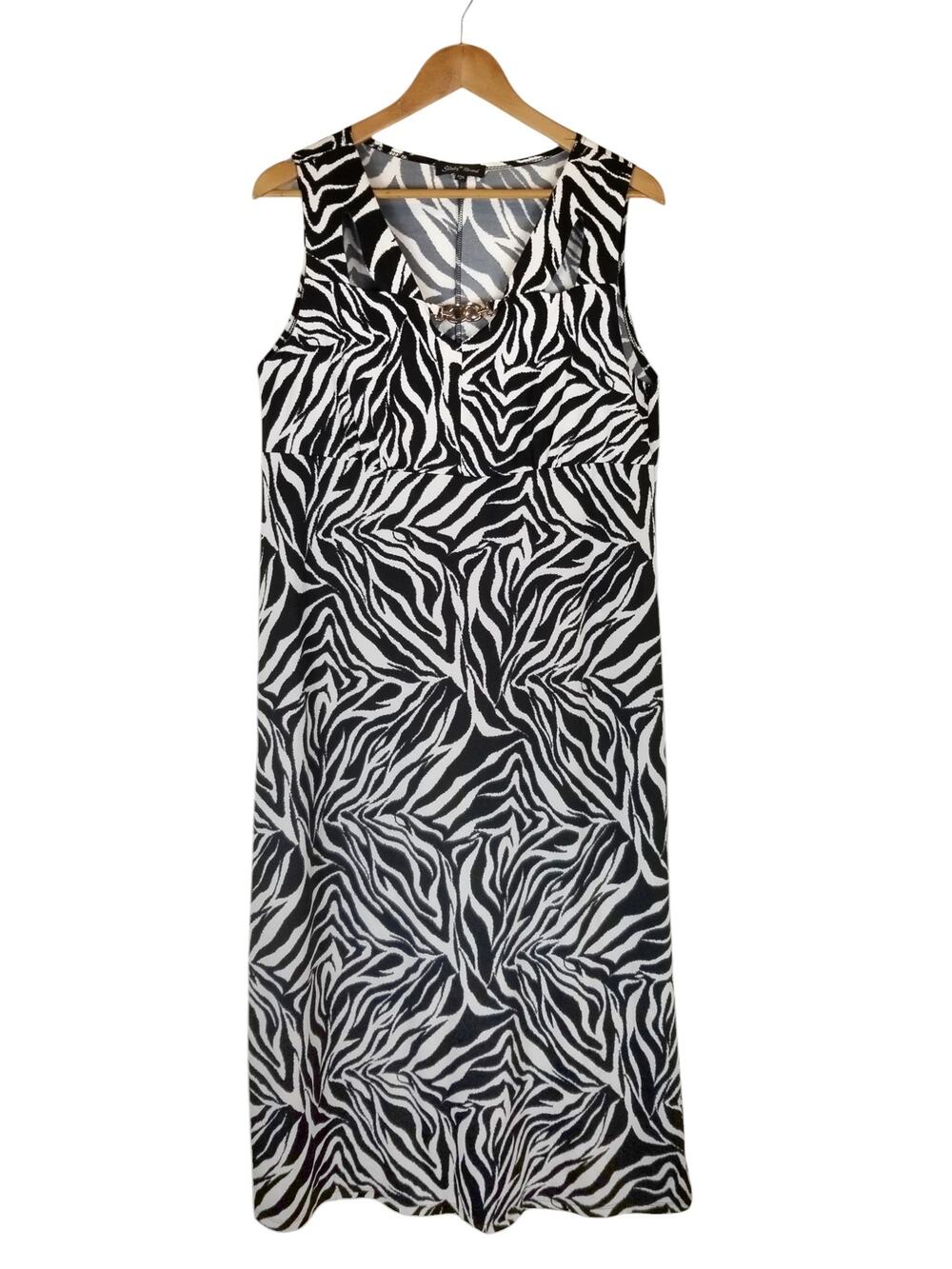 Slinky Brand Black White Zebra Print Stretch Knit Sleeveless Maxi Dress Large